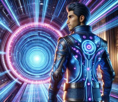 The primary subject of the image is a man wearing a blue and purple jacket with a holographic design. He is standing in front of a large, colorful, and swirling circle. The setting appears to be a futuristic environment, possibly a video game or a science fiction scene. The visual style of the image is digital art, as it features a holographic design and a vibrant color palette. The overall atmosphere of the image is dynamic and visually striking.
